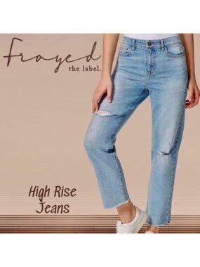 FRAYED High-Rise Straight Ankle-Length Raw Hem Jeans